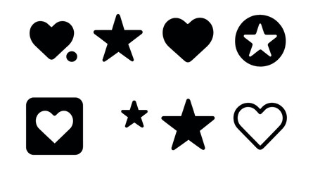 Solid style icons of minimal favorite variants: dot heart, geometric star, solid filled heart, star with circle, mono star icon, heart with background block, corner star, outline heart only.