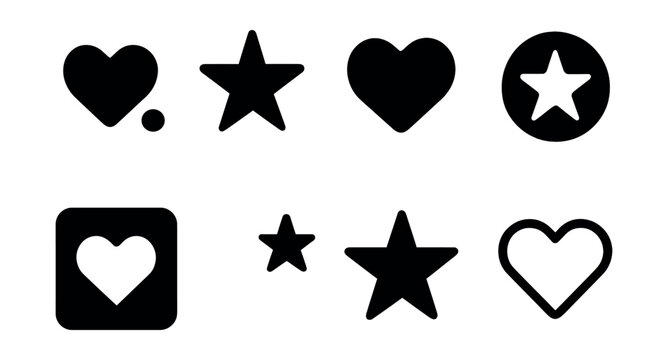 Solid style icons of minimal favorite variants: dot heart, geometric star, solid filled heart, star with circle, mono star icon, heart with background block, corner star, outline heart only.