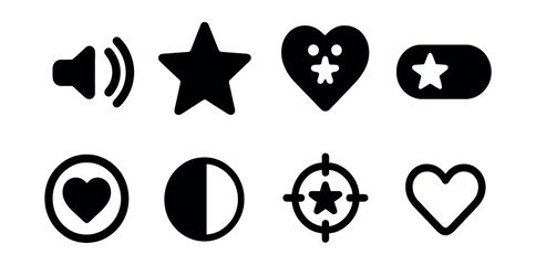 Solid style icons of accessibility favorites: favorite with voice icon, enlarged star, tactile heart symbol, assistive star toggle, heart with outline ring, color-adjusted icon, focus star,