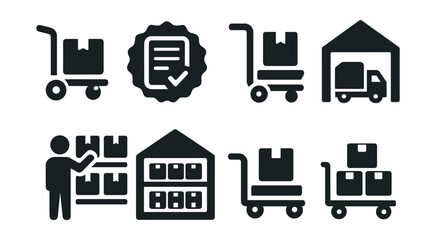 Solid style icons of warehouse and stock: warehouse cart, stock check icon, order box in cart, inventory badge, fulfillment icon, shelf picker, distribution center icon, bulk item cart.