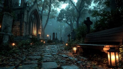 Enchanted Cemetery Pathway with Gothic Architecture and Illuminated Lanterns
