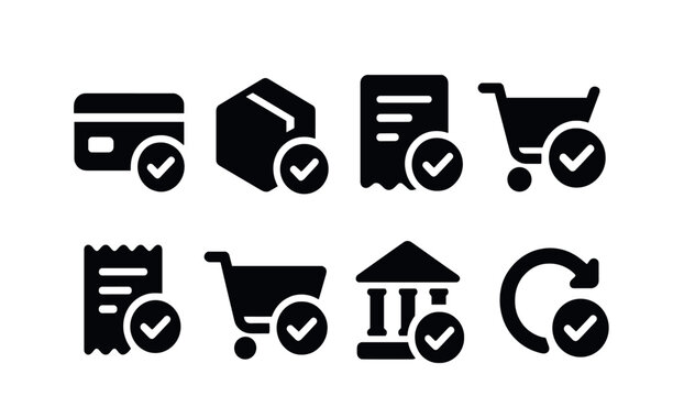 Solid style icons of transaction confirmation: payment accepted, order placed icon, invoice check, purchase confirmation, receipt with tick, confirmed cart, banking approval, transaction verified.