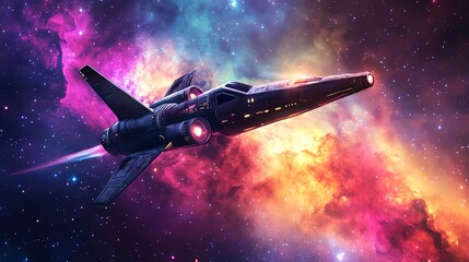 A retro-style spaceship flies through a vibrant, nebulous space scene.
