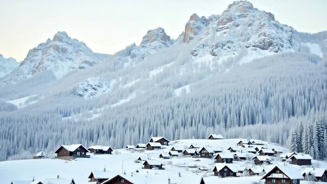 Vertical Video of Mountain Village Houses Covered with Snow Aerial View