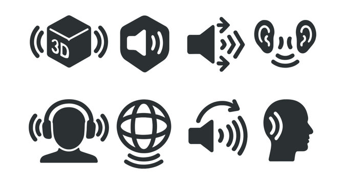 Solid style icons of immersive sound environments: 3D audio icon, spatial sound badge, directional volume icon, binaural audio, immersive headset icon, sound zone sphere, virtual sound path,