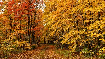 Vibrant autumn forest scene with golden red and orange leaves covering the trees and forest floor in a stunning display of fall colors