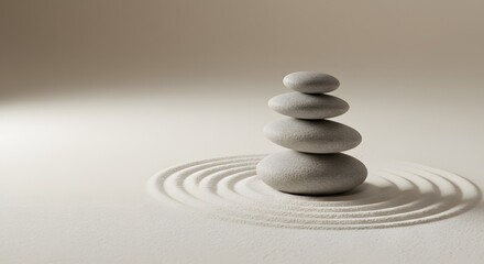 Stacked Zen Stones on Raked Sand with Circular Patterns
