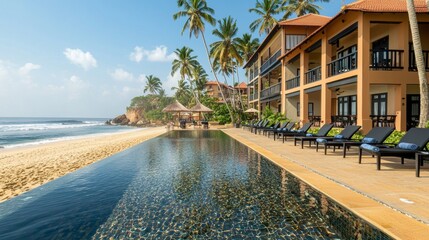 Fototapeta premium Luxurious beachfront resort with clear pool and palm trees near the ocean on a sunny day
