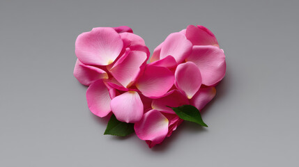 Fototapeta premium Pink rose petals carefully arranged in the shape of a heart with green leaves on a neutral gray background create a romantic and loving Valentine's Day image.