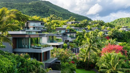 Luxury villas nestled in lush greenery on a tropical hillside in a serene residential area
