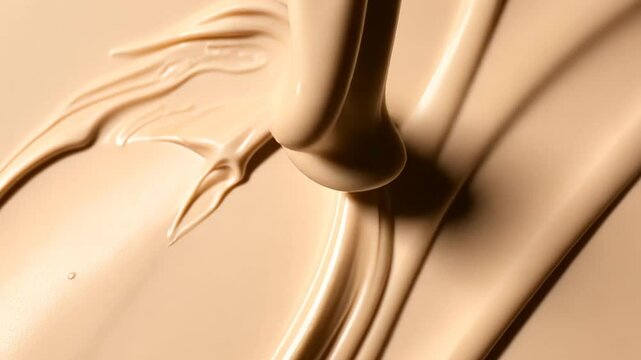Closeup Beige Foundation Cream Smooth Texture Swirling On Neutral Backdrop For Cosmetic Advertising Under Soft Studio Light