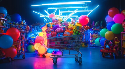 Colorful toy display in a vibrant store with neon lights and a filled shopping cart
