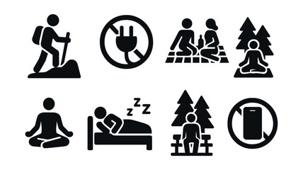 Solid style icons of weekend wellness habits: hike icon, unplugged badge, weekend picnic, wellness retreat, creative hobby, rest and reset, forest therapy, digital detox weekend.