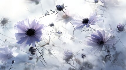 Ethereal Delicate Flowers Blooming in Soft Misty Background