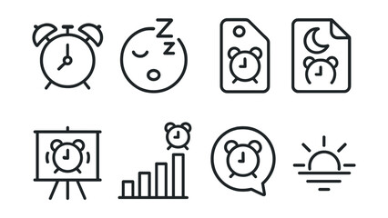 Line style icons of alarm clock reminders: wake-up alarm icon, snooze button badge, morning notification tag, sleep schedule file, alarm timer board, ringing reminder chart, early wake-up bubble,