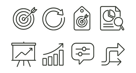 Line style icons of goal adjustment and flexibility: adjust target icon, reset badge, flexible goal tag, re-evaluate file, review progress board, update chart, adjust bubble, new direction symbol.