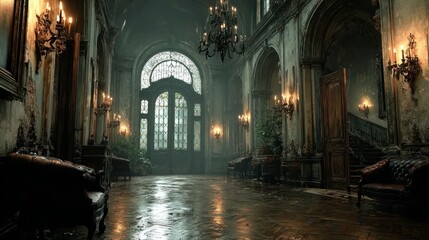 Fototapeta premium Elegant Vintage Hallway with Ornate Chandeliers and Antique Furniture Perfect for Historical