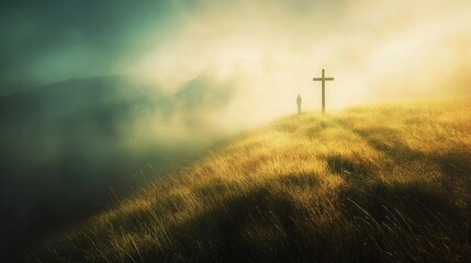 Obraz premium Lone figure stands before a cross on a misty hillside at dawn, evoking a sense of solitude and reflection