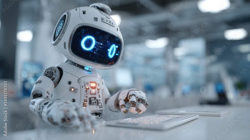 Poster Friendly White Robot Typing on a Keyboard in an Office, Representing Automation and Technological Advancement in the Workplace, Ready for Digital Transformation : Generative AI