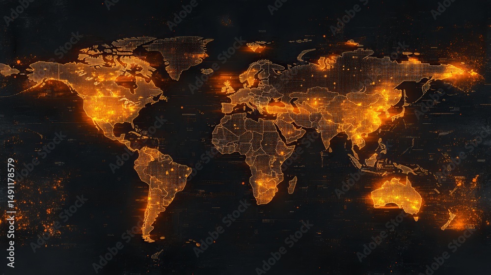 Poster global network digital world map orange glowing points technology background data grid dark dots