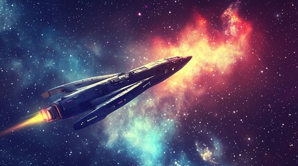 A retro-style spaceship flies through a vibrant, star-filled galaxy.
