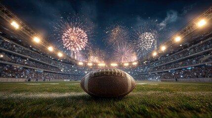 American Football on Field With Fireworks Over Stadium, Representing Celebration and Sporting Event Excitement, Ideal for Game Day Promotions : Generative AI
