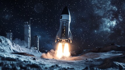 A retro-styled spaceship launches from a lunar base in a detailed, upscale stock photo.