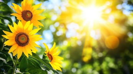 Obraz premium Bright Sunflowers with Sunlight and Green Background in Nature