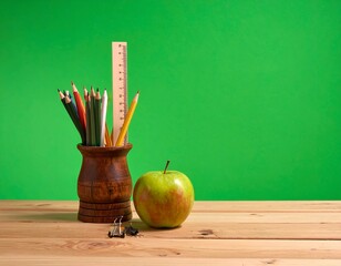 School supplies wooden desk, green background, pencil holder, ruler, apple, stapler, and pencils