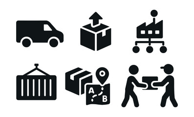 Solid style icons of logistics and delivery: delivery van, package with arrow, barcode scanner, logistics hub, shipping container, cargo tracking, route planner, courier handoff.