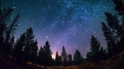 Fototapeta premium Starry Night Sky Over Forest Trees, Representing Exploration and the Beauty of Nature, Perfect for Travel and Adventure Campaigns : Generative AI