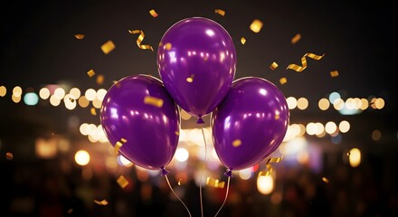 Purple Balloons and Gold Confetti at a Night Celebration