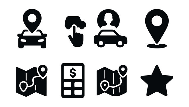 Solid style icons of ride-sharing and taxi apps: car with location pin, ride request icon, driver profile, pickup marker, in-app route, fare estimate, shared route, review star.