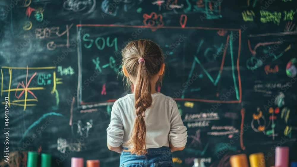 Poster a young student standing in front of a blackboard, likely preparing for a lesson or presentation