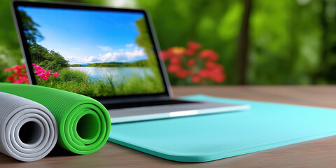 Workstation with yoga mats and scenic view on a sunny day in a peaceful garden