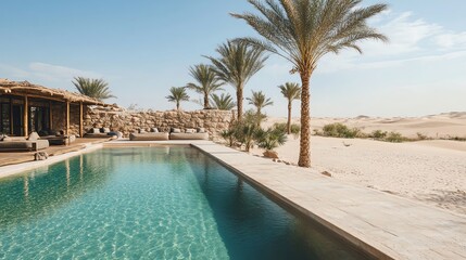 Obraz premium A serene desert oasis with palm trees and a clear blue sky is shown in the stock photo.