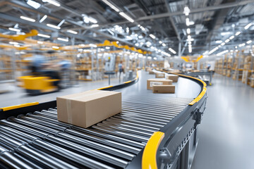 A cardboard box moves along a conveyor belt in a busy warehouse. The background shows a blurred view of other boxes and workers