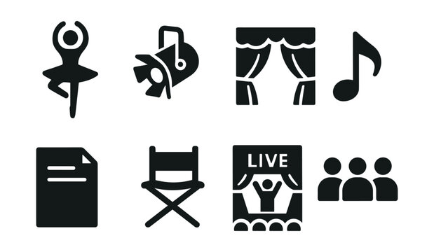 Solid style icons of performing arts: ballet dancer, stage spotlight, theater curtain, musical note, script page, director’s chair, live performance icon, ensemble symbol.