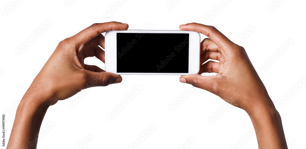 Poster black hands holding mobile smartphone with blank screen, isolated on white background. copy space fo