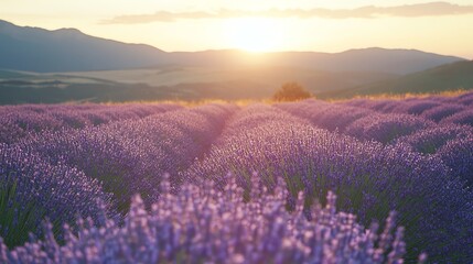 Fototapeta premium A vast, tranquil field of lavender extends to the horizon.