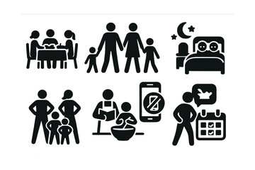 Solid style icons of healthy family routines: family dinner icon, group walk, morning routine chart, shared bedtime, screen limit rule, family fitness, recipe together, calendar planner.