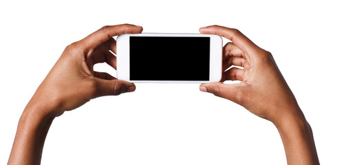 Black hands holding mobile smartphone with blank screen, isolated on white background. Copy space for advertisement of mobile app, mockup