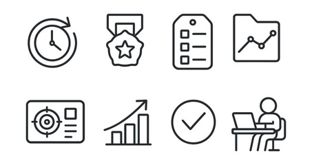 Line style icons of productivity for growth: time management icon, productivity booster badge, task breakdown tag, work session file, focus board, efficiency chart, task completion bubble, productive