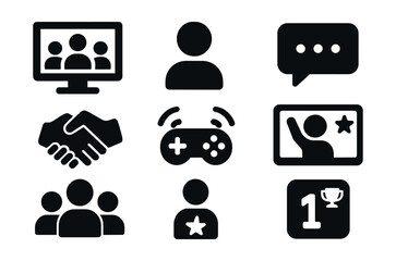 Solid style icons of social games and multiplayer: online lobby, avatar icon, chat bubble, co-op hand, shared controller, victory screen, team play icon, score rank.