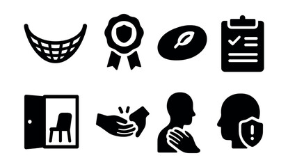 Solid style icons of trauma-informed care: safety net icon, trauma-sensitive badge, grounding object, coping plan, supportive space, trust-building icon, calm touch, response-ready.