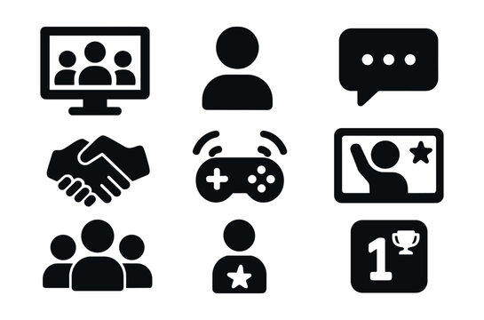 Solid style icons of social games and multiplayer: online lobby, avatar icon, chat bubble, co-op hand, shared controller, victory screen, team play icon, score rank.