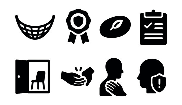 Solid style icons of trauma-informed care: safety net icon, trauma-sensitive badge, grounding object, coping plan, supportive space, trust-building icon, calm touch, response-ready.