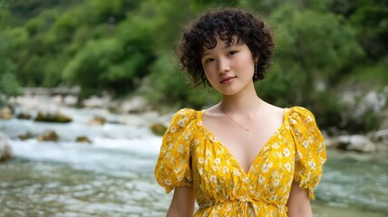 Young Asian Woman With Short Curly Hair Wearing Floral Sundress by a Serene River in Nature