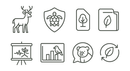 Line style icons of biodiversity conservation: wildlife icon, protected species badge, natural habitat tag, biodiversity file, ecosystem health board, species preservation chart, endangered species