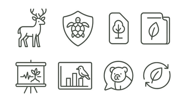 Line style icons of biodiversity conservation: wildlife icon, protected species badge, natural habitat tag, biodiversity file, ecosystem health board, species preservation chart, endangered species